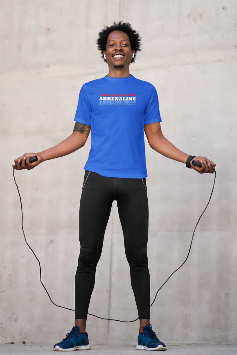 man wearing adrenaline royal blue t-shirt with jumping rope mockup